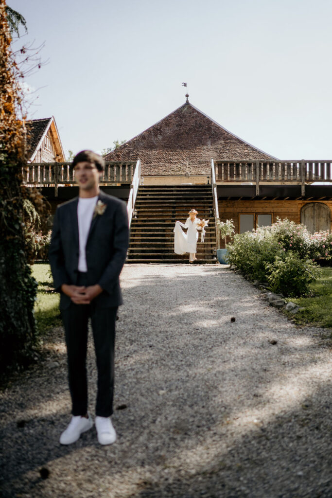 mountain wedding, first view, bride, groom, découverte, lieu de réception, mariage, montagne, Alpes