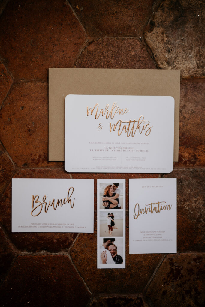 faire-part, invitation, enveloppe, mariage, mariés, brunch, doré
