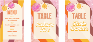 papeterie mariage, papeterie, disco, rose, orange, nom de table, home made,