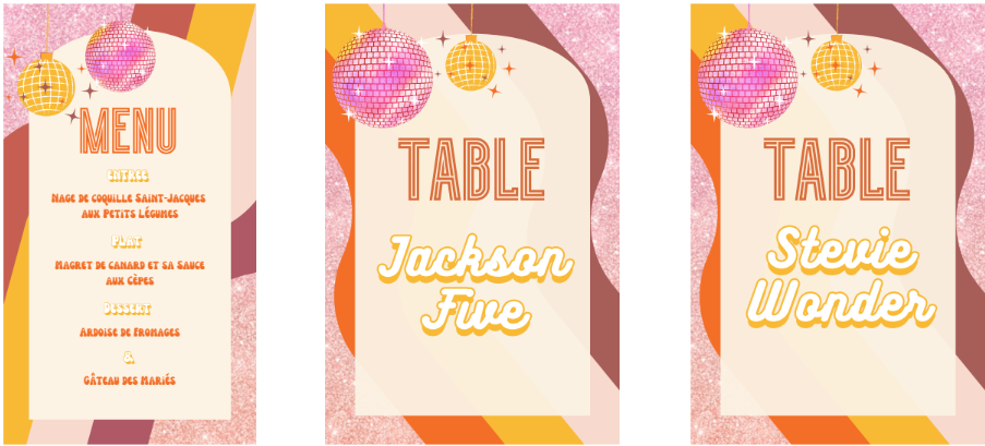 papeterie mariage, papeterie, disco, rose, orange, nom de table, home made,