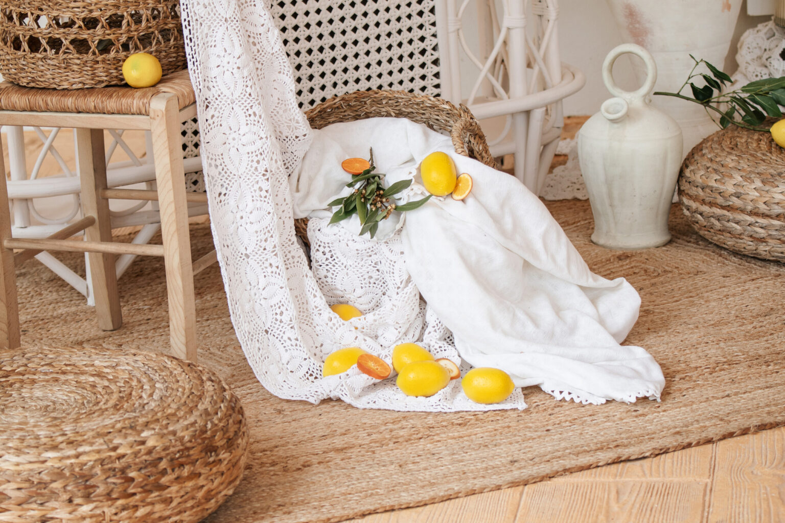 décoration, tissu, citron, fauteuil, panier