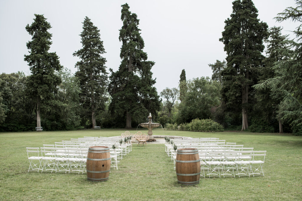 parc, cérémonie laïque, chaises, mariage, décoration, nature